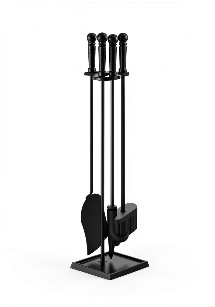 Fireplace tools set displayed beside a glowing fire