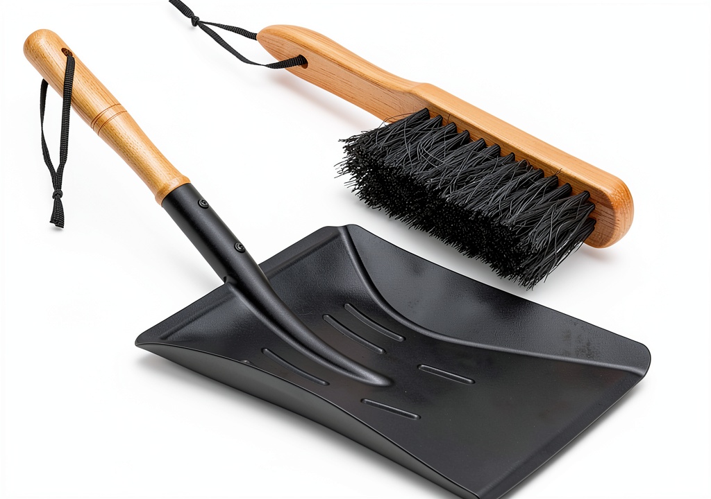 Fireplace cleaning kit in use beside a wood stove