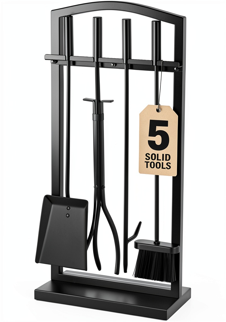 Gtongoko fireplace tool set displayed beside a roaring fireplace