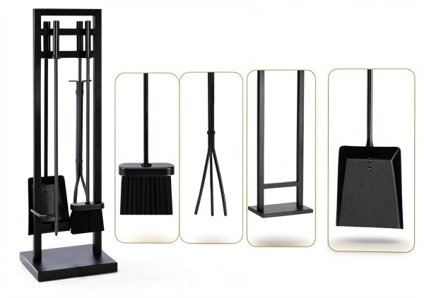 Fireplace Tool Set FEED GARDEN Modern Wrought Iron 5 Piece Black Set-2