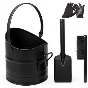 Poofzy Ash Bucket 2.6 Gallon Fireplace Set with Lid, Shovel Broom-0
