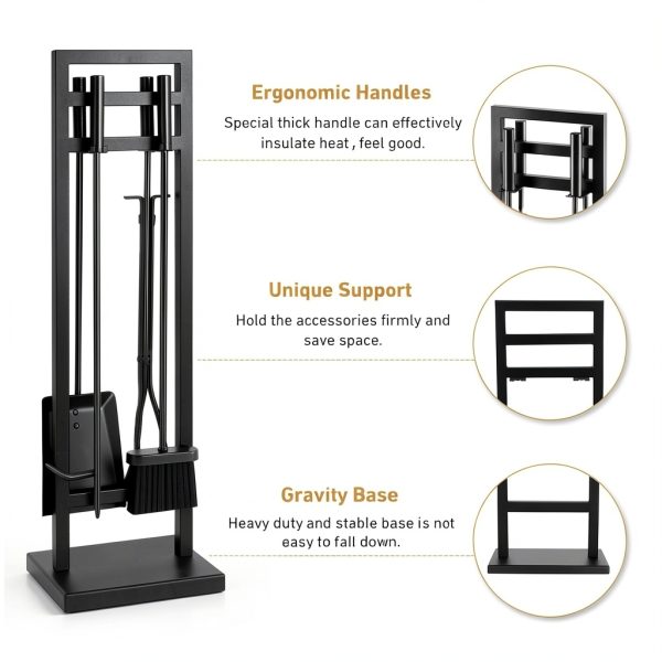 Fireplace Tool Set FEED GARDEN Modern Wrought Iron 5 Piece Black Set-5
