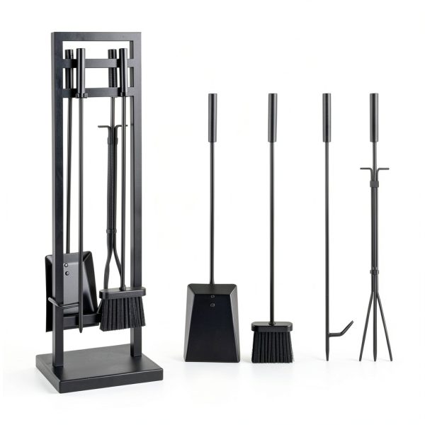 Fireplace Tool Set FEED GARDEN Modern Wrought Iron 5 Piece Black Set-3
